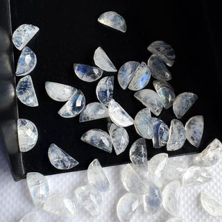 10 Pieces 6x3mm Flashy Blue Half Moon Shaped Natural Rainbow Moonstone Faceted Rose Cut Cabochon Gemstone, GDS2284/2