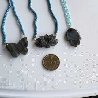 Lotus/Hamsa Hand/Butterfly Pendant Necklace, Hand Carved Labradorite Beaded Statement Necklace - Boho Style Necklace Pendant for Women