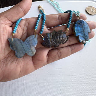 Lotus/Hamsa Hand/Butterfly Pendant Necklace, Hand Carved Labradorite Beaded Statement Necklace - Boho Style Necklace Pendant for Women