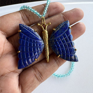 Butterfly Lapis Lazuli Pendant Necklace, Hand Carved Blue Topaz Beaded Statement Necklace - Boho Style Pendant Necklace for Women