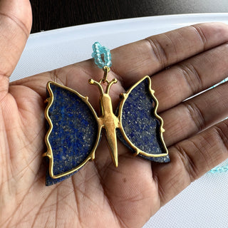 Butterfly Lapis Lazuli Pendant Necklace, Hand Carved Blue Topaz Beaded Statement Necklace - Boho Style Pendant Necklace for Women