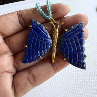 Butterfly Lapis Lazuli Pendant Necklace, Hand Carved Blue Topaz Beaded Statement Necklace - Boho Style Pendant Necklace for Women