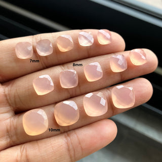 4 Pieces 7mm/8mm/10mm Each Rose Chalcedony Light Pink Cushion Shaped Faceted Loose Gemstones, Pink Chalcedony For Making Jewelry, GDS2274/8