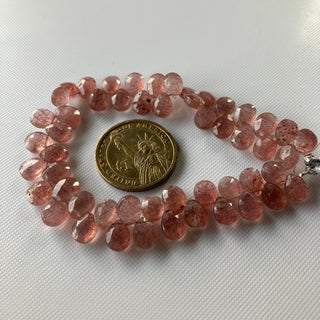 All 9mm Natural Pink Strawberry Quartz Faceted Pear Shaped Briolette Beads, Strawberry Quartz Gemstone Bead Loose, 8 Inch Strand, GDS2275/15