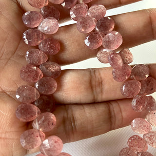 All 9mm Natural Pink Strawberry Quartz Faceted Pear Shaped Briolette Beads, Strawberry Quartz Gemstone Bead Loose, 8 Inch Strand, GDS2275/15