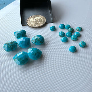 Natural Arizona Turquoise 14mm Both Side Faceted Heart/7mm Smooth Round Shaped Gemstone Flat Back Smooth Cabochon, GDS2281/13