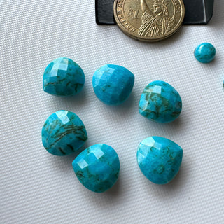 Natural Arizona Turquoise 14mm Both Side Faceted Heart/7mm Smooth Round Shaped Gemstone Flat Back Smooth Cabochon, GDS2281/13