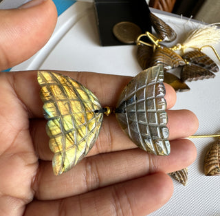 2 Pieces 20mm to 34mm Natural Labradorite/Tiger Eye/Pink Opal/Jasper Butterfly Wings/Umbrella Shaped Rare Hand Carved Gemstone, GDS2282/2