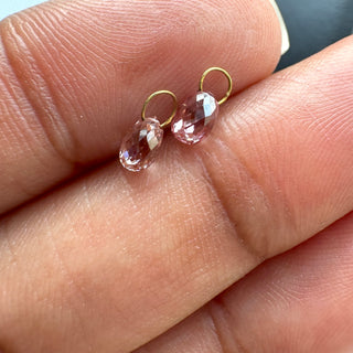 14k Solid Gold Lab Made Diamond Teardrop Briolette Beads Matched Pairs, Pink CVD Lab Grown Diamond Charm Pendant For Floating Jewelry, LG155