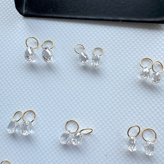 14k Solid Gold Teardrop Lab Made Diamond Briolette Bead Charm Matched Pair, Clear White CVD Diamond For Floating Jewelry, LG156