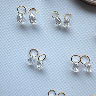14k Solid Gold Teardrop Lab Made Diamond Briolette Bead Charm Matched Pair, Clear White CVD Diamond For Floating Jewelry, LG156