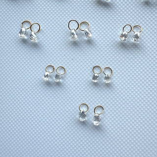 14k Solid Gold Teardrop Lab Made Diamond Briolette Bead Charm Matched Pair, Clear White CVD Diamond For Floating Jewelry, LG156