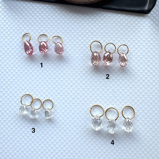 Set of 3 14k Solid Gold Lab Made Diamond Teardrop Briolette Bead Charm, Clear White/Pink CVD Diamond Charm Pendant For Earrings, LG157
