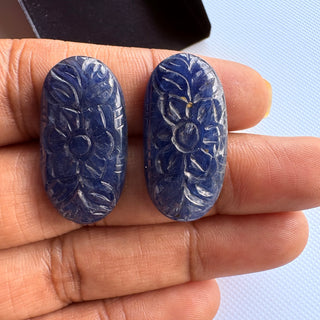 2 Pieces Natural Blue Sapphire Carving Gemstones Lot, 27x13.8mm Oval Shaped Blue Cut Pair Sapphire Gemstone Loose Stones, GDS307