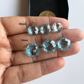 2 Pieces 10mm/12mm Round Shaped Both Side Faceted Natural Blue Topaz Gemstone, AAA Blue Topaz Loose Stone for Making Jewelry, GDS324