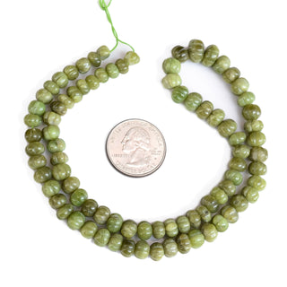 Vessonite Carved Melon Beads, 6mm to 9mm Green Vesuvianite Pumpkin Shaped Gemstone Beads/Rondelles, Hand Carved, 9 Inch Strand, GDS2280/12