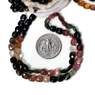 Natural Multi Tourmaline Faceted Square/Cushion Beads – 6x6mm Multi-Color Gemstones, 14 Inch Strand, GDE32