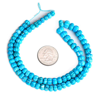 Blue Howlite Carved Melon Beads, 7mm to 8mm Turquoise Color Howlite Melon Pumpkin Shape Carved Gemstone Beads, 9 Inch Strand, GDS2280/20