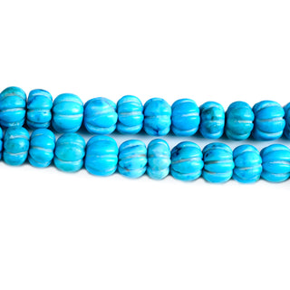 Blue Howlite Carved Melon Beads, 7mm to 8mm Turquoise Color Howlite Melon Pumpkin Shape Carved Gemstone Beads, 9 Inch Strand, GDS2280/20