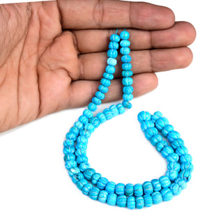 Blue Howlite Carved Melon Beads, 7mm to 8mm Turquoise Color Howlite Melon Pumpkin Shape Carved Gemstone Beads, 9 Inch Strand, GDS2280/20