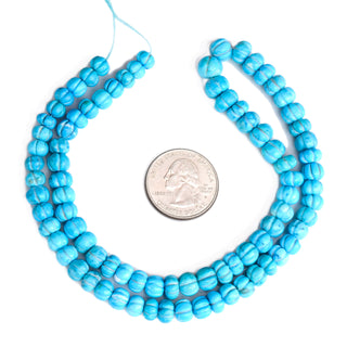 Blue Howlite Carved Melon Beads, 7mm to 8mm Turquoise Color Howlite Melon Pumpkin Shape Carved Gemstone Beads, 9 Inch Strand, GDS2280/20