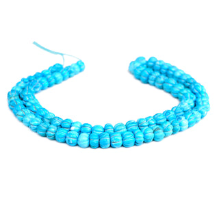 Blue Howlite Carved Melon Beads, 7mm to 8mm Turquoise Color Howlite Melon Pumpkin Shape Carved Gemstone Beads, 9 Inch Strand, GDS2280/20