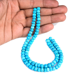 Blue Howlite Carved Melon Beads, 7mm to 8mm Turquoise Color Howlite Melon Pumpkin Shape Carved Gemstone Beads, 9 Inch Strand, GDS2280/20