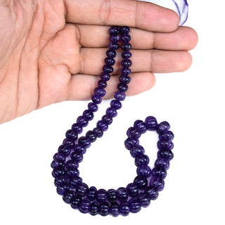 Natural Amethyst Carved Melon Beads, 7mm to 10mm Purple Amethyst Melon Shaped Gemstone Beads For Jewelry Making, 9 Inch Strand, GDS2280/18