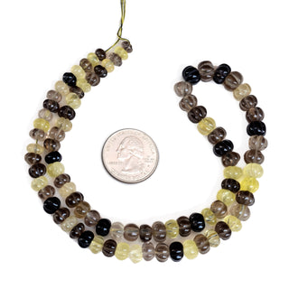 Bi-Color Lemon Quartz Carved Melon Beads, 5mm to 9mm Yellow/Brown Pumpkin Shape Gemstone Beads, Rondelle Carving Bead, 9" Strand, GDS2280/24