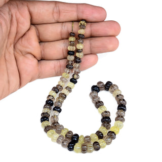 Bi-Color Lemon Quartz Carved Melon Beads, 5mm to 9mm Yellow/Brown Pumpkin Shape Gemstone Beads, Rondelle Carving Bead, 9" Strand, GDS2280/24