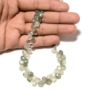 Natural Green Rutile Quartz Faceted Heart Shaped Briolette Beads, 7mm/8mm Natural Green Rutilated Gemstone Beads, 8 Inch Strand, GDS2241