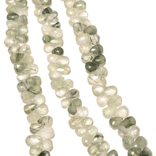 Natural Green Rutile Quartz Faceted Pear Shaped Briolette Beads, 8mm to 9mm Natural Green Rutilated Gemstone Beads, 8 Inch Strand, GDS2242