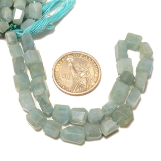 Blue Aquamarine Faceted Step Cut Tumble Beads, 7-10mm Natural Blue Aquamarine Gemstone Beads, 10 Inch Strand, GDS2273