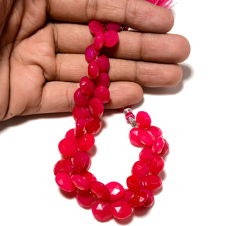 Hot Pink Chalcedony Heart Briolette Beads, 10-12mm/11-14mm Pink Chalcedony Faceted Gemstone Beads, 7.5 Inch Strand, GDS2250