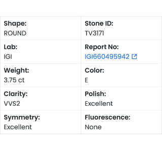 In Stock IGI Certified 3.75CTW E/VVS2 Round Brilliant Cut Shaped Lab Grown Diamond Loose For Engagement Ring, Ready To Ship, TV3171