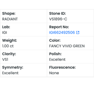 IGI Certified 1.00CTW Green VS1 Radiant Cut Lab-Grown Diamond – Perfect for Engagement Rings Ready to Ship Stunning