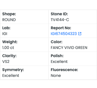 IGI Certified 1.00 CTW Fancy Vivid Green Round Brilliant Cut Lab-Grown Diamond - VS2 Clarity Ready to Ship Perfect Gift