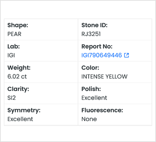IGI Certified 6.02CTW Intense Yellow Pear Shaped Lab-Grown Diamond, SI2 Clarity, Loose Stone for Engagement Rings, Ready to Ship, RJ3251