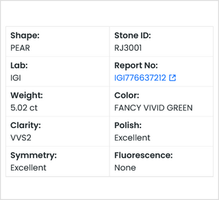 IGI Certified 5.02CTW Fancy Vivid Green Pear Shaped Lab-Grown Diamond, VVS2 Clarity, Loose Stone for Engagement Rings, Ready to Ship, RJ3001