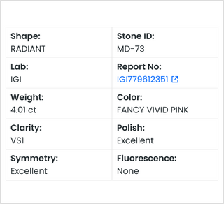 In Stock IGI Certified 4.01CTW Fancy Vivid Pink VS1 Clarity Radiant Cut Lab Grown Diamond Loose For Engagement Ring, Ready To Ship, MD73
