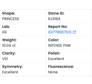 IGI Certified 10.04CTW Fancy Intense Pink VS1 Clarity Princess Shaped Lab Grown Diamond Loose For Engagement Ring, Ready To Ship, RJ3164