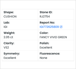 IGI Certified 2.05CTW Fancy Vivid Green Cushion Shaped Lab Grown Diamond Loose For Engagement Ring, VVS2 Clarity, Ready To Ship, RJ2754