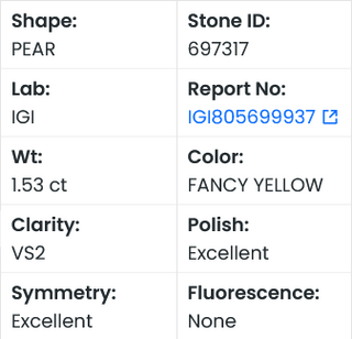 IGI Certified 1.53CTW Fancy Yellow Pear Shaped VS2 Clarity Lab Grown Diamond For Engagement Ring, Gift For Her, Ready To Ship, LG697317
