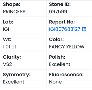 IGI Certified 1.01CTW Fancy Yellow VS2 Clarity Princess Shaped Lab Grown Diamond Loose For Engagement Ring, Ready To Ship, LG697599