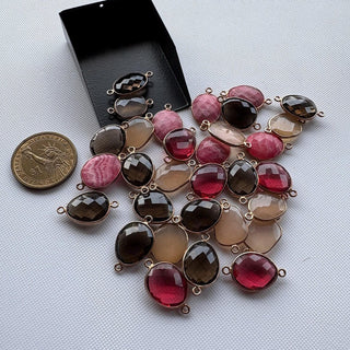 5 Pieces 12mm to 18mm Multi Gemstone Cabochon Connectors, 925 Silver Rose Gold Vermeil Connectors, Double Bail Bezel Connectors, GDS1616/2