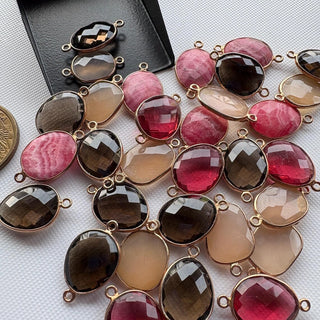 5 Pieces 12mm to 18mm Multi Gemstone Cabochon Connectors, 925 Silver Rose Gold Vermeil Connectors, Double Bail Bezel Connectors, GDS1616/2