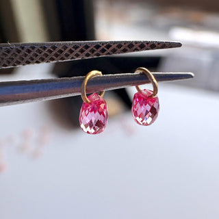 14k Solid Gold Lab Made Diamond Briolette Connector Charms: Clear Pink CVD Diamond Charm Pendant For Earrings Necklace, LG64
