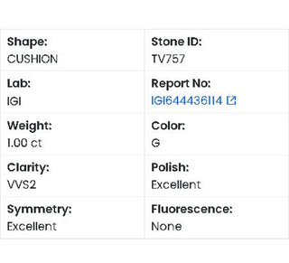 Cushion Cut Lab Grown Diamond - 1.00CTW G/VVS2 (TV757)