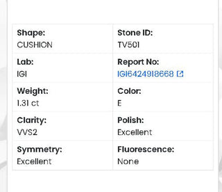 Cushion Cut Lab Grown Diamond - 1.31CTW E/VVS2 (TVS501)