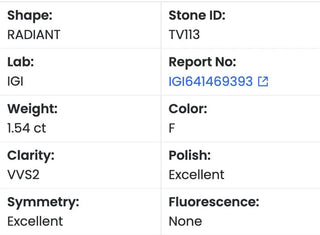 Radiant Cut Lab Grown Diamond - 1.54CTW F/VVS2 (TV113)